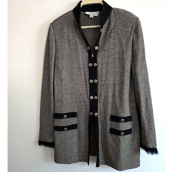 St John Collection By Marie Gray Wool Tweed Long Jacket womens 10 gold, faux fur - Picture 1 of 16